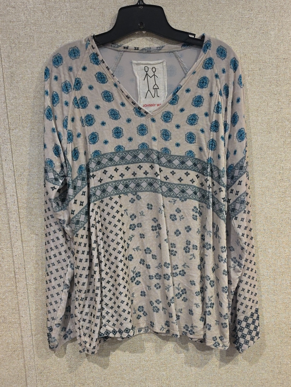 Johnny Was Cream and Teal Mixed Print V-Neck Long Sleeve Top